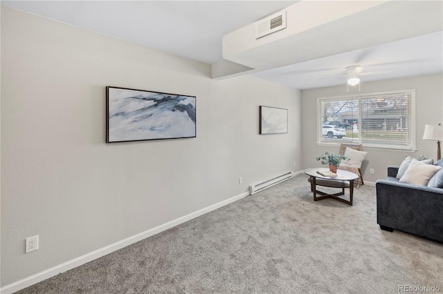 living room with visible vents, carpet flooring, a baseboard radiator, baseboards, and ceiling fan