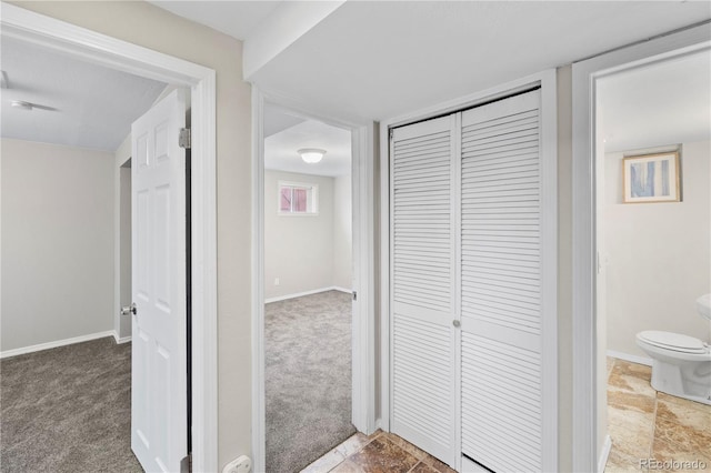 hallway featuring baseboards, carpet floors, and stone finish flooring