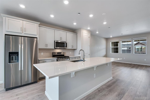 kitchen with sink, white cabinetry, an island with sink, and appliances with stainless steel finishes