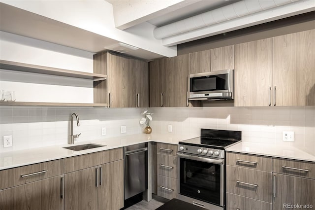 1495 Vrain St Unit 110, Denver, CO 80204 - kitchen with stainless steel appliances, open shelves, backsplash, light countertops, and modern cabinets