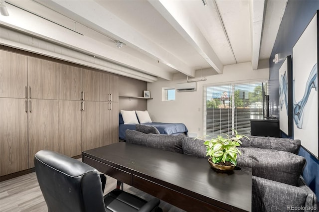 1495 Vrain St Unit 110, Denver, CO 80204 - living room with a wall mounted air conditioner, beamed ceiling, and light wood finished floors