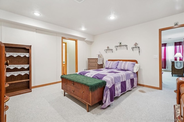 bedroom with recessed lighting, carpet floors, and baseboards