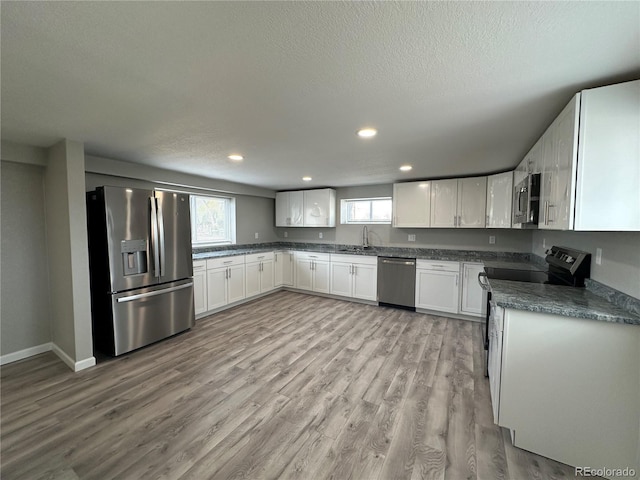 kitchen featuring plenty of natural light, stainless steel appliances, and light wood-style flooring