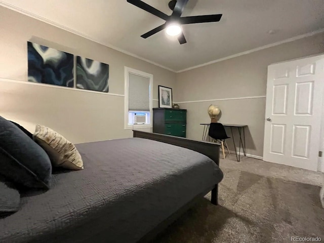 bedroom with ceiling fan, crown molding, and carpet