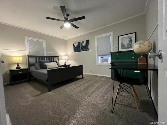 bedroom with carpet floors, cooling unit, ceiling fan, and crown molding