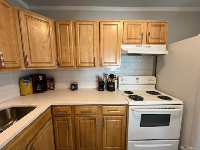 kitchen featuring decorative backsplash, white range with electric stovetop, ornamental molding, and sink