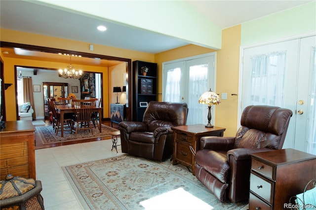 8664 E Monmouth Pl, Denver, CO 80237 - living area with a chandelier, french doors, recessed lighting, and light tile patterned floors