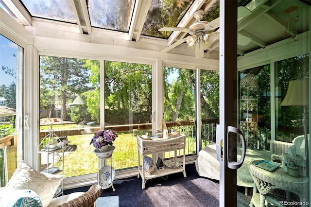 8664 E Monmouth Pl, Denver, CO 80237 - sunroom / solarium with a ceiling fan, a skylight, and plenty of natural light