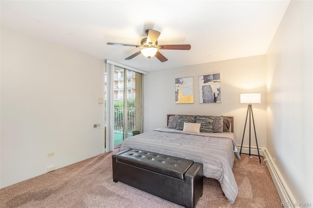 carpeted bedroom featuring baseboard heating, a ceiling fan, and access to outside