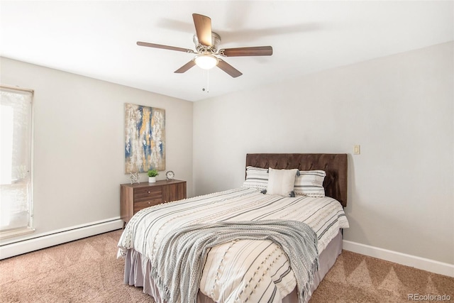 bedroom with light colored carpet, baseboards, baseboard heating, and a ceiling fan