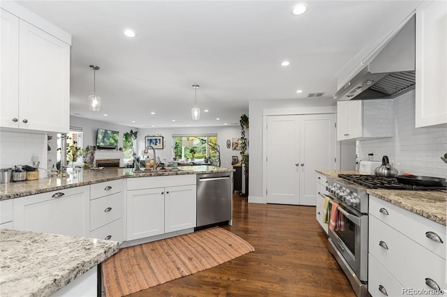 kitchen with hanging light fixtures, white cabinetry, dark wood-type flooring, stainless steel appliances, and sink