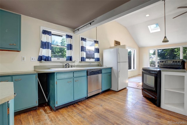 kitchen with hanging light fixtures, stainless steel dishwasher, black / electric stove, and a healthy amount of sunlight