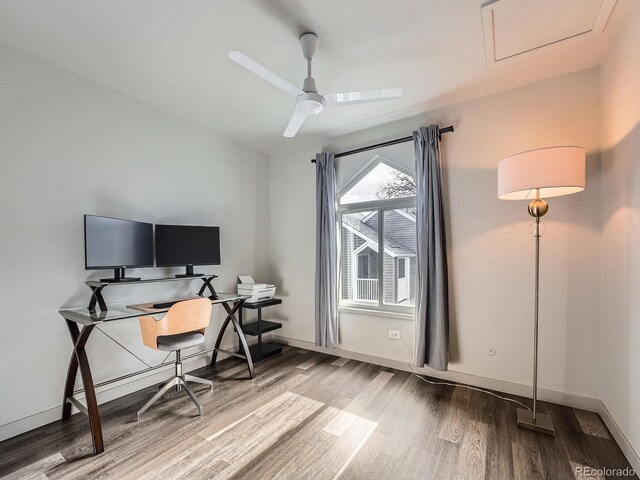 home office featuring ceiling fan and hardwood / wood-style floors