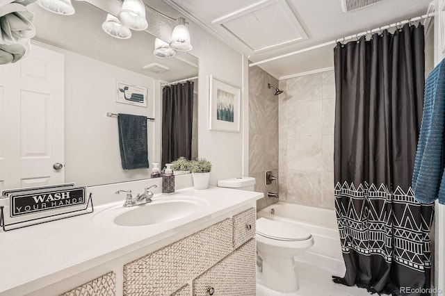 bathroom featuring toilet, visible vents, shower / bath combination with curtain, and vanity