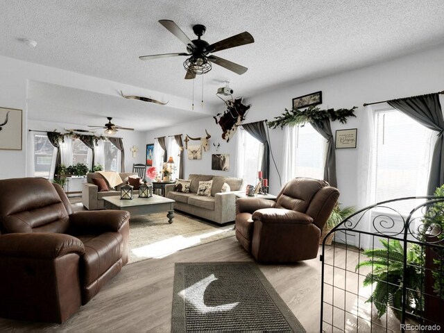 317 Adams Ave, Akron, CO 80720 - living room featuring ceiling fan, a textured ceiling, and light wood-type flooring