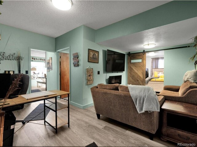 317 Adams Ave, Akron, CO 80720 - living room featuring a barn door, a textured ceiling, and light hardwood / wood-style floors