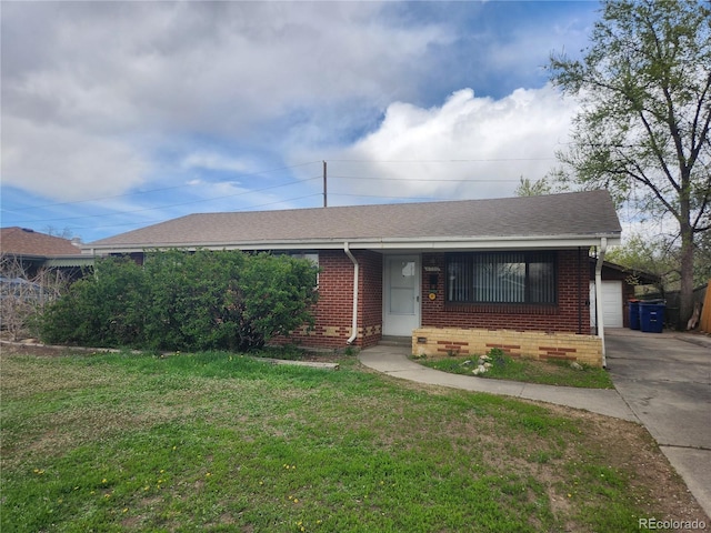 4730 Carr St, Wheat Ridge, CO 80033 - ranch-style home featuring roof with shingles, brick siding, concrete driveway, a garage, and a front yard