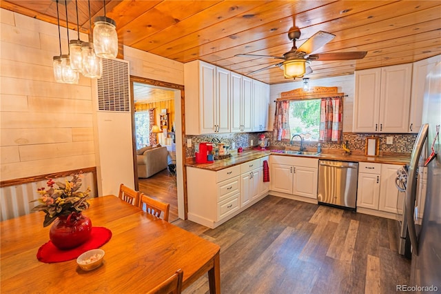 24938 US Highway 50, Cotopaxi, CO 81223 - kitchen featuring stainless steel dishwasher, wooden ceiling, a heating unit, dark wood-style floors, and white cabinets