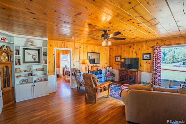24938 US Highway 50, Cotopaxi, CO 81223 - living area featuring wood ceiling, wood walls, wood finished floors, a ceiling fan, and built in shelves