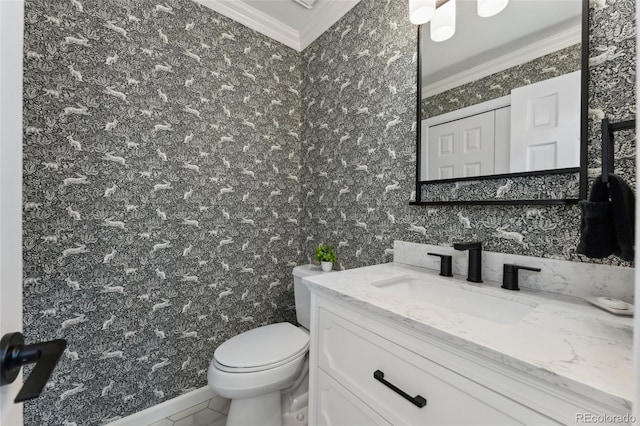 half bath featuring vanity, ornamental molding, toilet, and tile patterned flooring