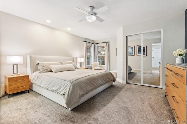 bedroom featuring a closet, carpet, recessed lighting, ceiling fan, and baseboards