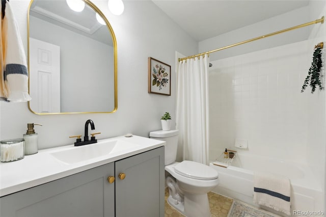 full bath featuring toilet, vanity, and shower / bathtub combination with curtain