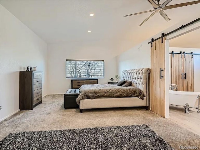 9910 Ammons Cir, Westminster, CO 80021 - bedroom with recessed lighting, a ceiling fan, a barn door, and light carpet