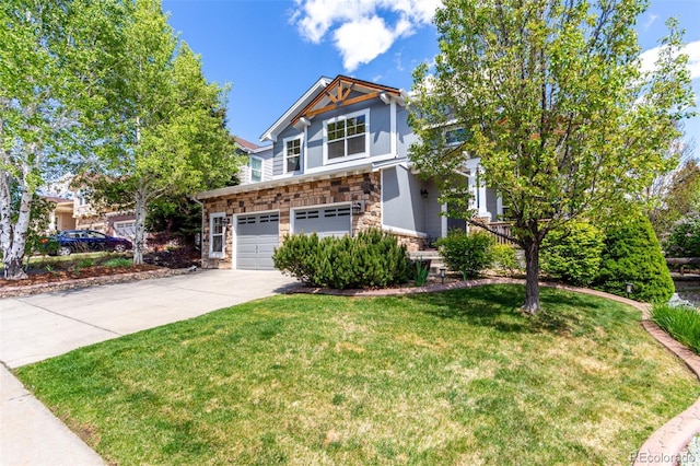 7234 S Kellerman Way, Aurora, CO 80016 - view of front of house featuring stone siding, driveway, a garage, and a front lawn