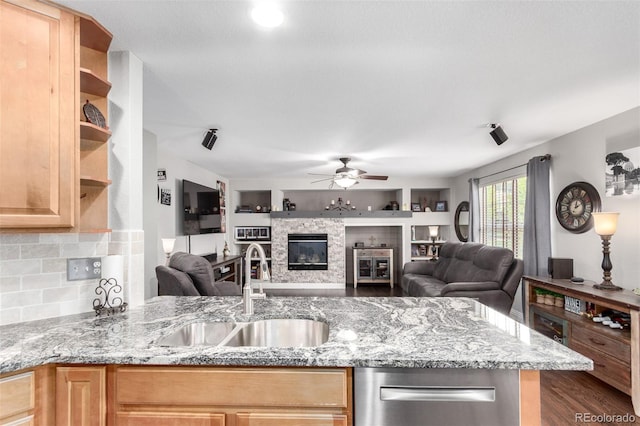 7234 S Kellerman Way, Aurora, CO 80016 - kitchen with a sink, light brown cabinets, open shelves, a ceiling fan, and light stone countertops