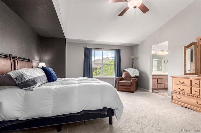 7234 S Kellerman Way, Aurora, CO 80016 - bedroom with light carpet, vaulted ceiling, ensuite bath, and a ceiling fan