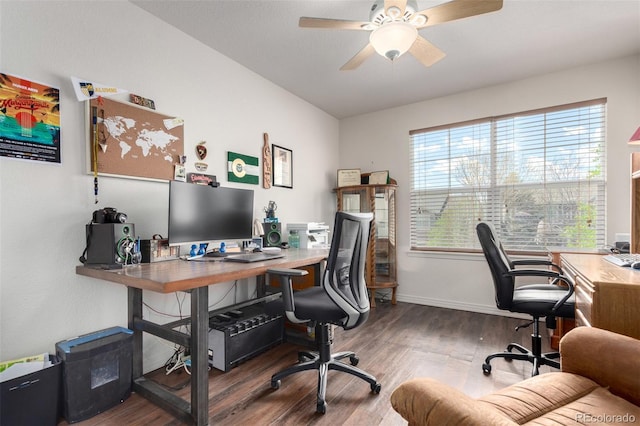 7234 S Kellerman Way, Aurora, CO 80016 - office area with wood finished floors, a ceiling fan, and baseboards