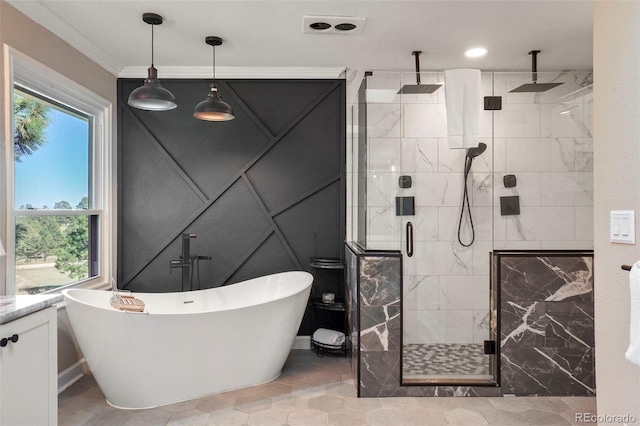 bathroom with crown molding, shower with separate bathtub, and vanity