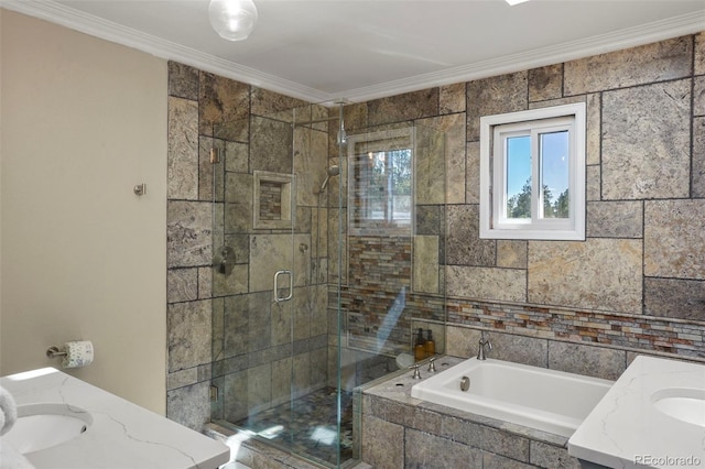 bathroom with vanity, plus walk in shower, and ornamental molding