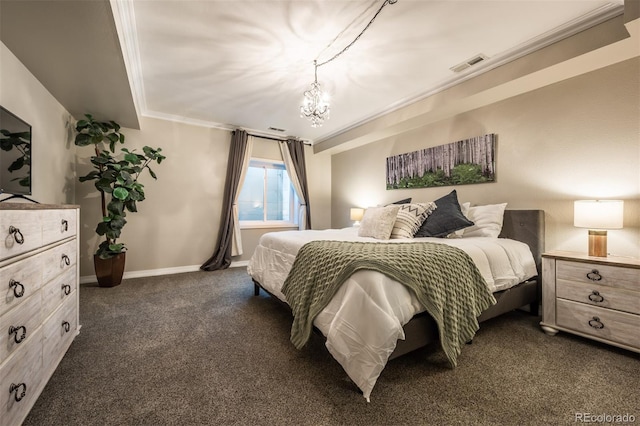 bedroom featuring ornamental molding, an inviting chandelier, and dark carpet