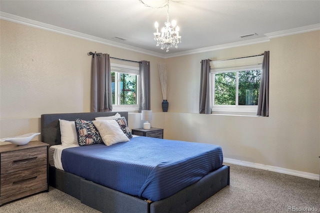 bedroom with ornamental molding, a chandelier, and light colored carpet