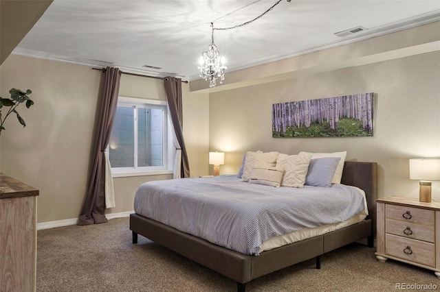 carpeted bedroom featuring crown molding and an inviting chandelier