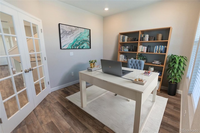 home office featuring french doors and dark hardwood / wood-style flooring