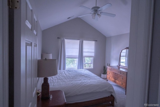 8200 E 8th Ave Unit 1203, Denver, CO 80230 - carpeted bedroom featuring lofted ceiling and ceiling fan