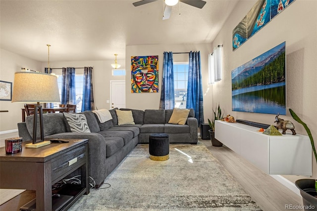 living room featuring ceiling fan and light wood-type flooring