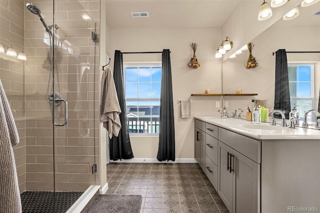 bathroom with vanity and a shower with shower door
