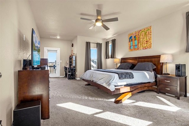 bedroom with light colored carpet and ceiling fan