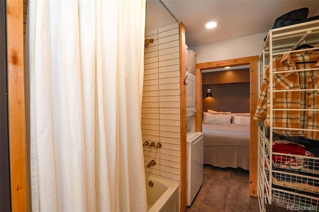 bathroom featuring hardwood / wood-style flooring and shower / tub combo with curtain