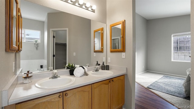 bathroom with vanity and hardwood / wood-style floors