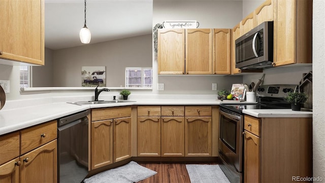 kitchen with vaulted ceiling, dark hardwood / wood-style floors, pendant lighting, sink, and stainless steel appliances