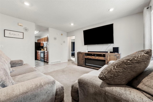 carpeted living room with a textured ceiling