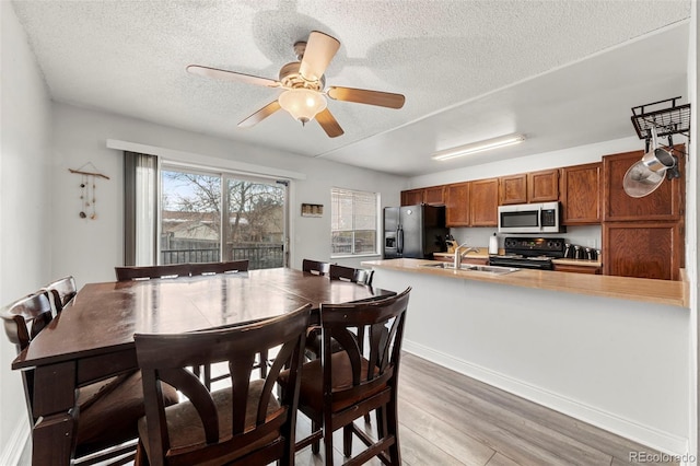 dining space with ceiling fan, sink, light hardwood / wood-style floors, and a textured ceiling