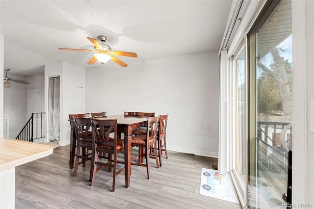 dining space featuring ceiling fan, light wood-type flooring, and a textured ceiling