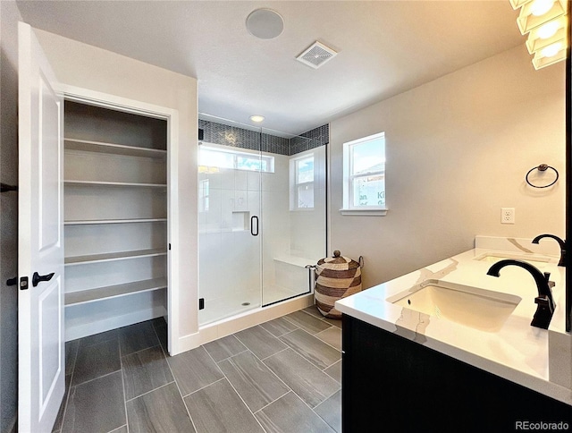 bathroom featuring vanity and a shower with shower door