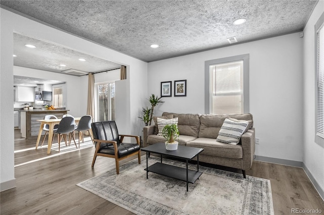 living room with wood-type flooring and a textured ceiling