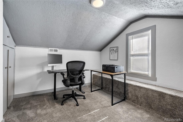 office space featuring lofted ceiling, carpet floors, and a textured ceiling